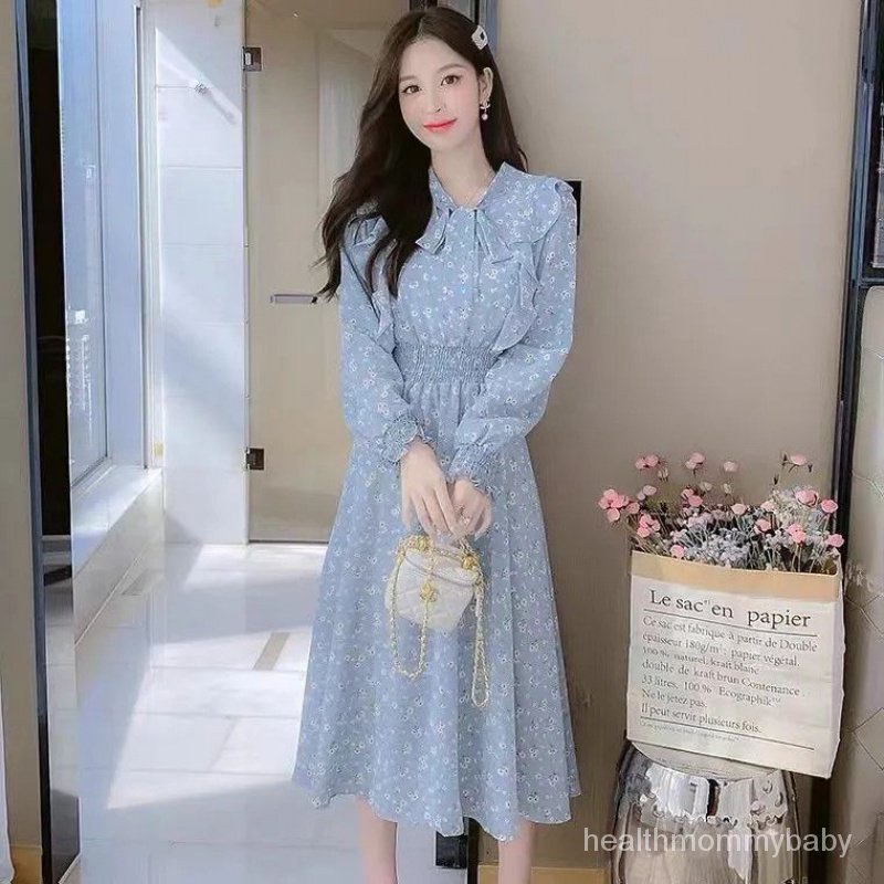 Trang Phục Cho Con Bú Đi Chơi  Hoa Váy Liền Dài Tay Mỏng  Váy Dài Thắt Nơ Mặc Bên Trong Cho Con Bú