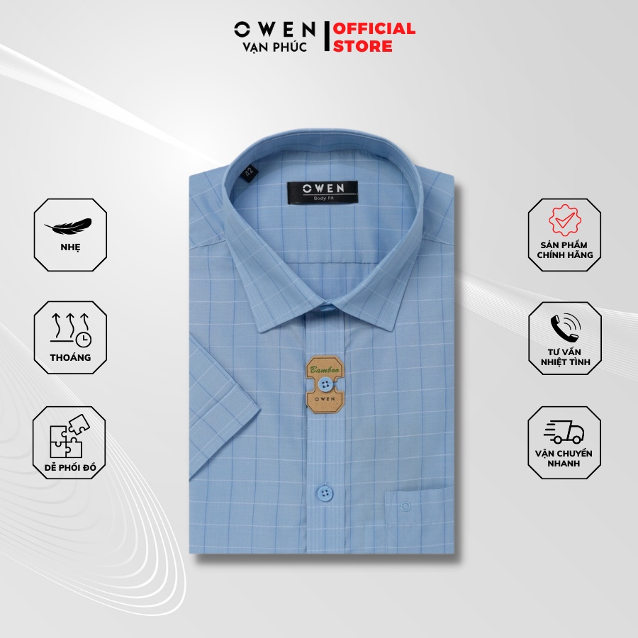 Áo Sơ Mi Nam Cộc Tay OWEN AB230004NT Kể caro xanh trắng Kiểu Dáng Body Fit Chất Liệu Bamboo Mịn Mát Dễ Phối Đồ