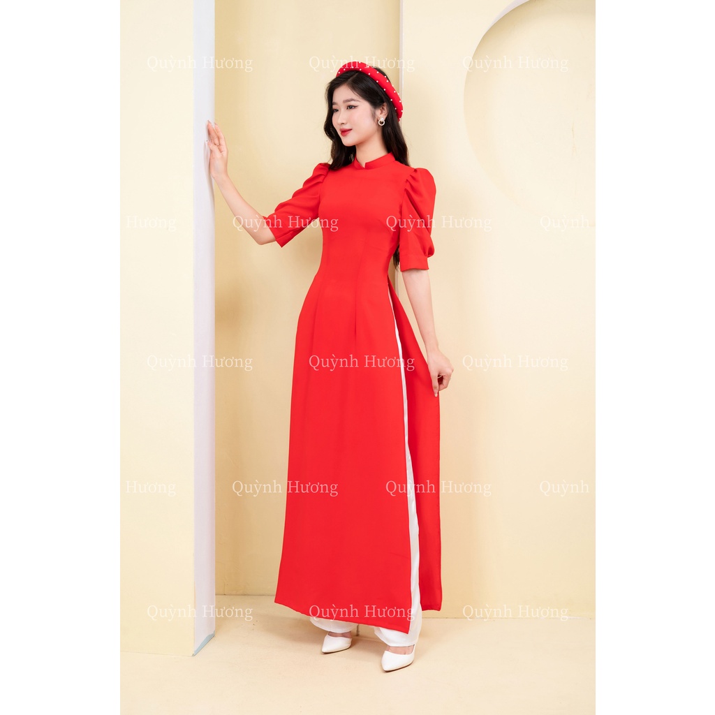 Áo dài lụa cổ vuông tay bồng màu đỏ by Quỳnh Hương