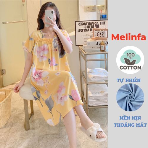 Váy áo ngủ ngắn tay vải Cotton lụa tự nhiên mềm mại thoáng mát, đầm mặc nhà mùa hè freesize rộng rãi mã VAV0366