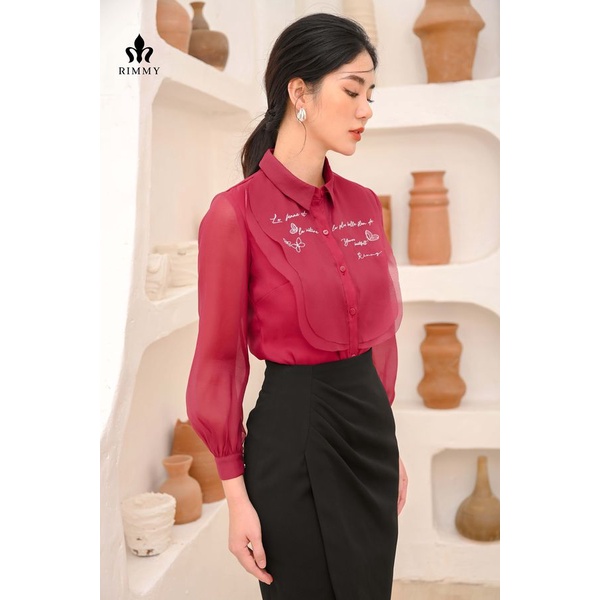 Áo sơ mi đỏ trắng hoạ tiết chữ thêu thủ công tinh tế Manlic Rimmy
