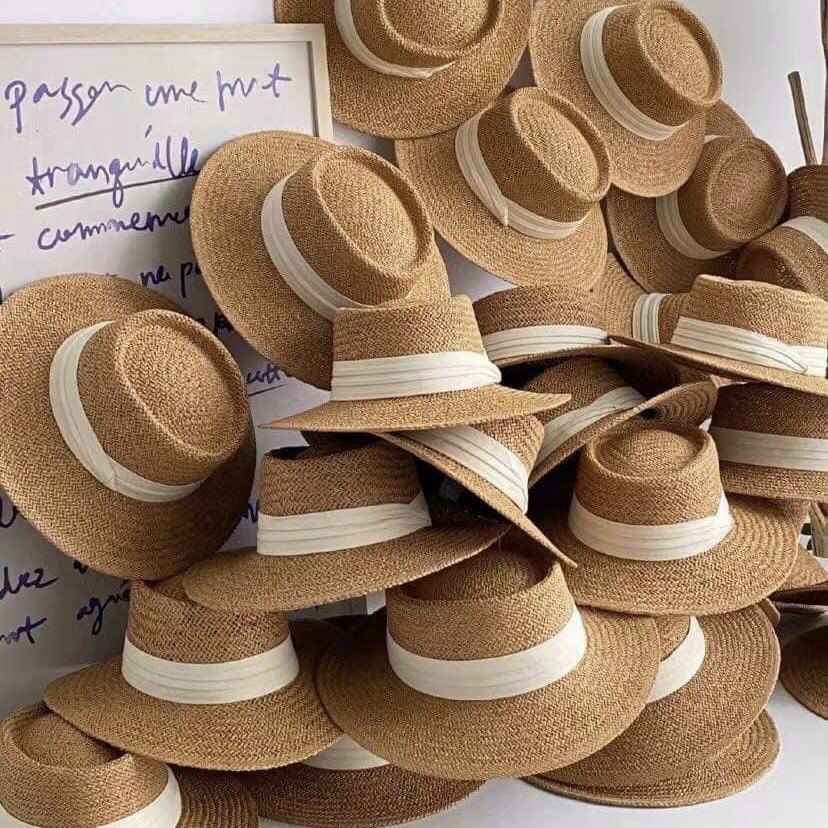 Mũ cói đi biển panama vintage nơ ruy băng xếp li dễ thương