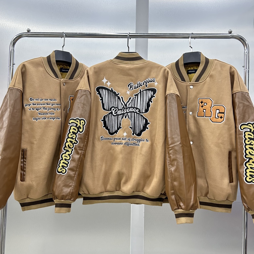 Áo khoác Bomber thêu RG shadow Butterfly áo bomber chất nỉ 2 lớp phối tay da Pu - Gin Store