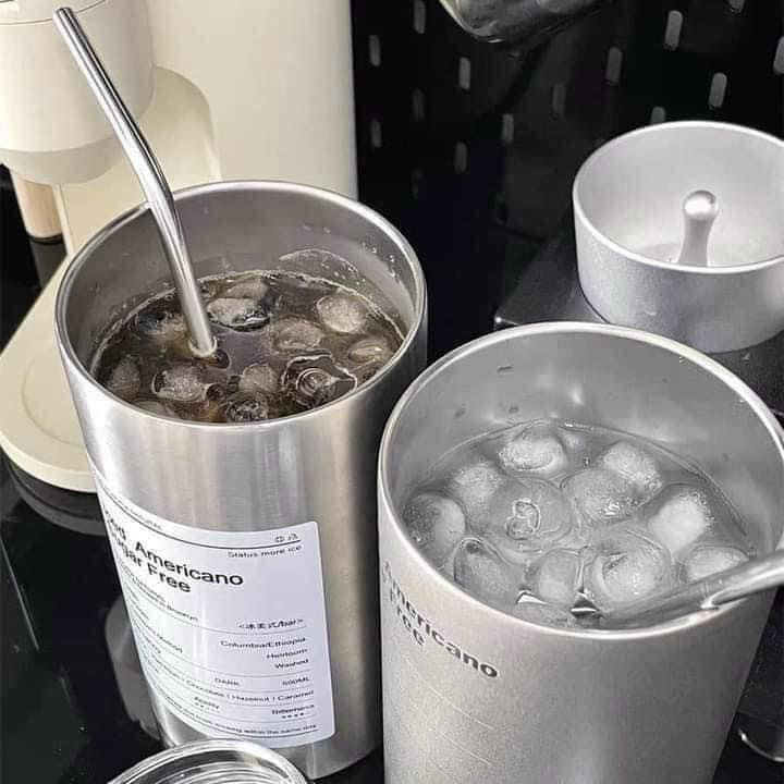 Cốc giữ nhiệt nguyên khối Iced Americano thể tích 650ML/300ML,làm bằng inox,có ống hút