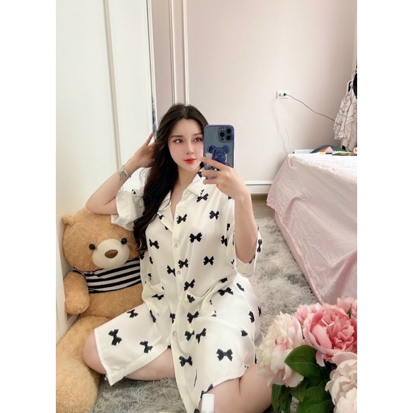 ♥️Hàng QC♥️Váy ngủ lụa sơmi tay lỡ đuôi tôm_Thanhhien997_lụa satin cao cấp 918.