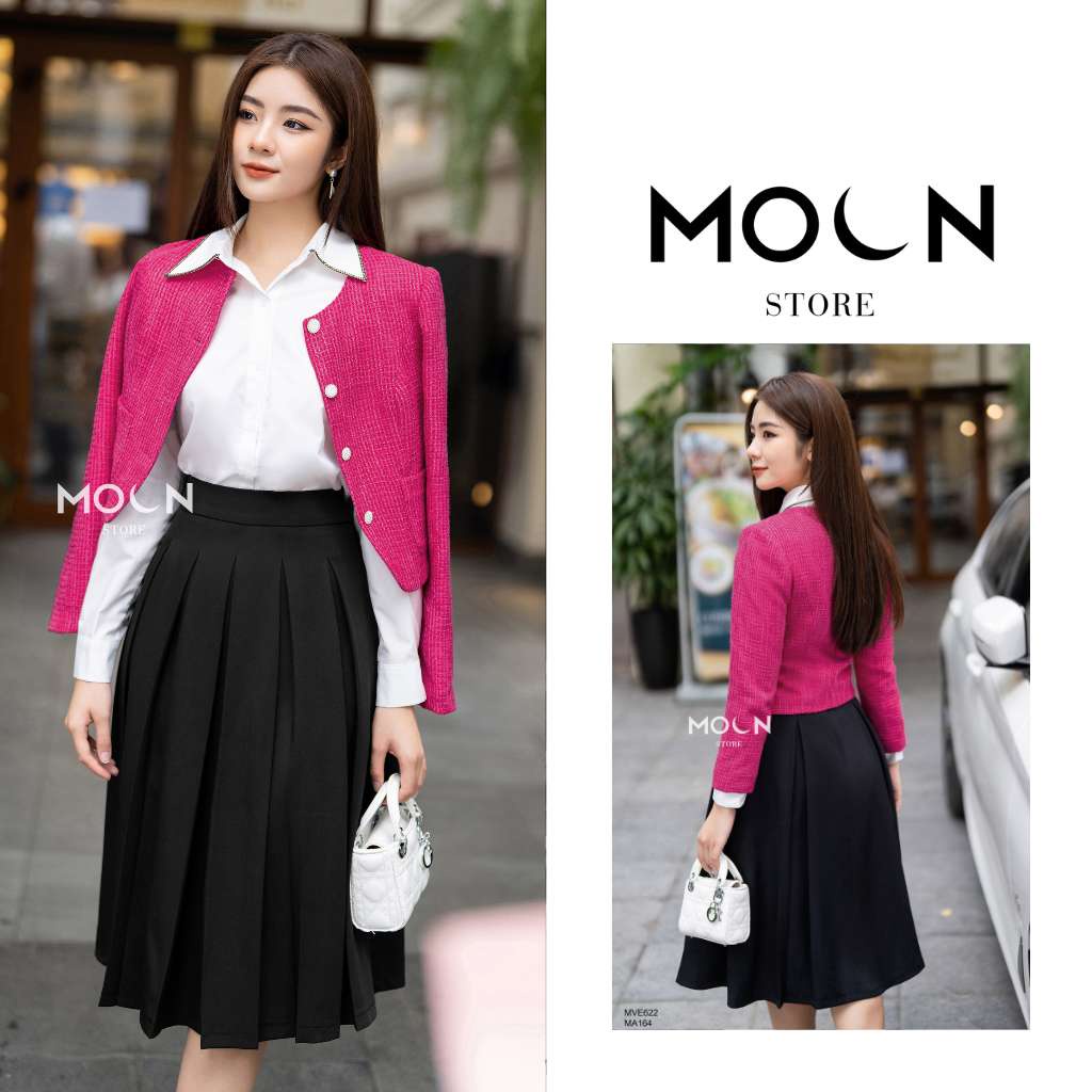Set áo chân váy công sở, áo vest ký giả dạ tweed croptop mix chân váy xếp ly dài MVE622 Moon