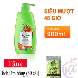 Dầu gội Rejoice siêu mềm mượt chai 900ml - dầu gội đầu Rich Smooth 48h Tặng 1 bịch tăm bông