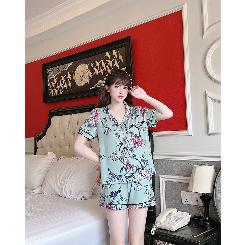 Bộ đồ mặc nhà IK cao cấp, set đồ cotton hàn cao cấp thoáng, thấm hút mồ hôi tốt học tiết hoa văn độc lạ, áo cộc quần đùi