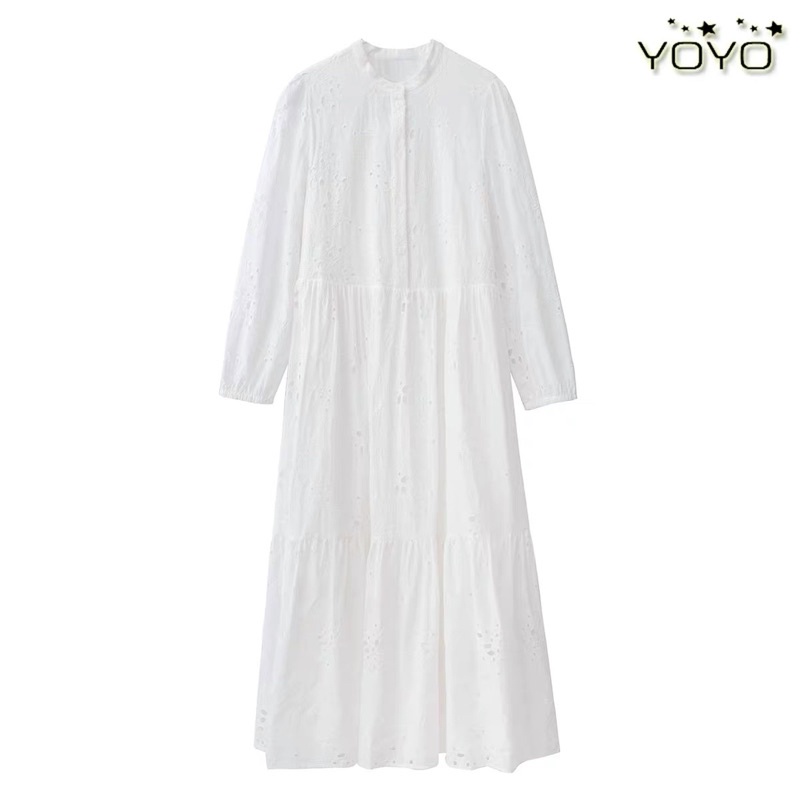 Đầm ren tay dài trắng hàng TQ cổ trụ