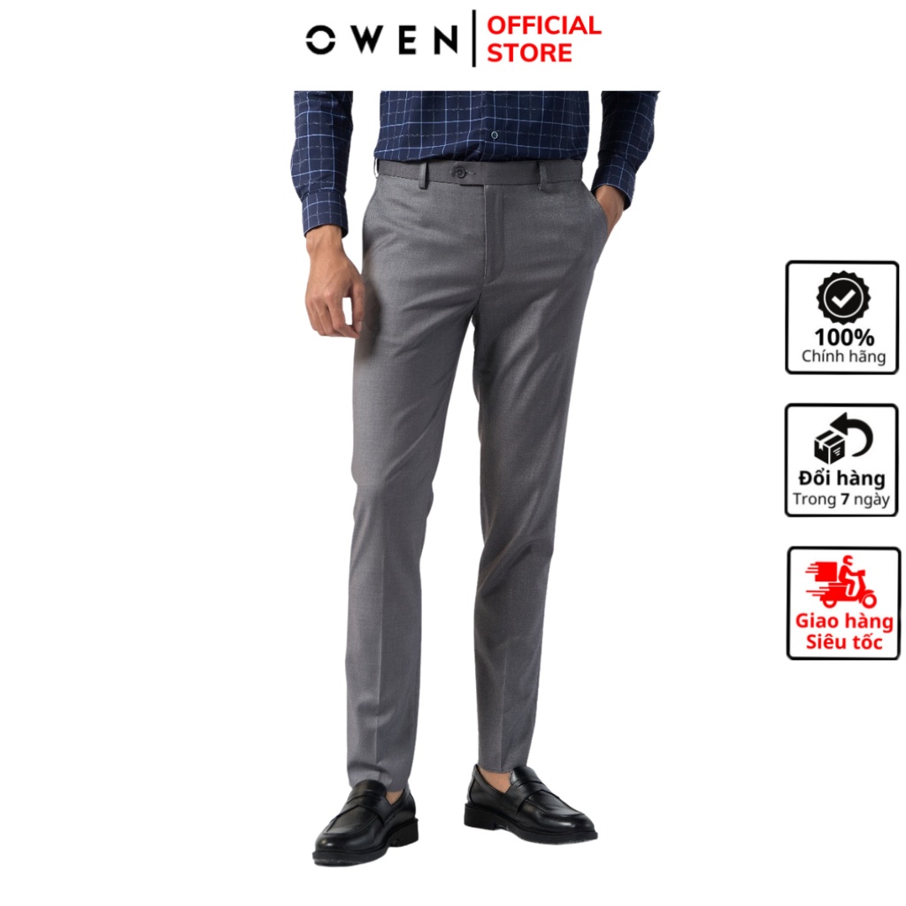 Quần âu tây nam công sở cao cấp OWEN QST231268 dáng slim fit ống ôm màu dobby chìm ghi vải polyester mềm mát đứng dáng