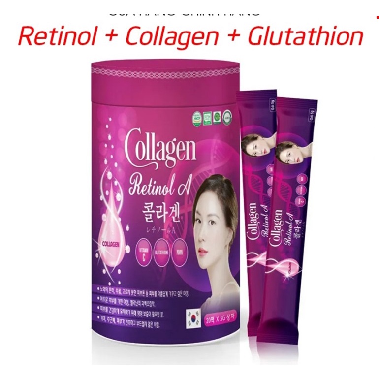 Nước uống trắng da collagen retinol A,giúp đẹp trắng da, chống lão hóa, giảm mụn, thâm đen, nám,tàn nhang- Hộp 20 gói