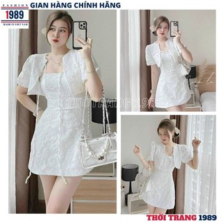Set đầm 2 dây gấm xốp kèm áo choàng ngoài kiểu dáng hàn quốc -váy dự tiệc babydoll tiểu thư sang chảnh dễ thương -1989