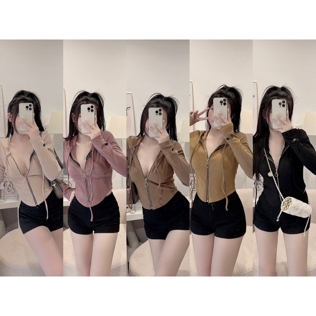 Áo khoác tăm thể thao croptop kéo khóa ngực thêu logo