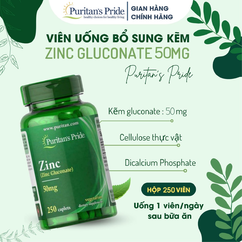 Bổ sung kẽm, giảm mụn nội tiết, tăng đề kháng Puritan's Pride Zinc Gluconate 50mg 100-250 viên của Mỹ