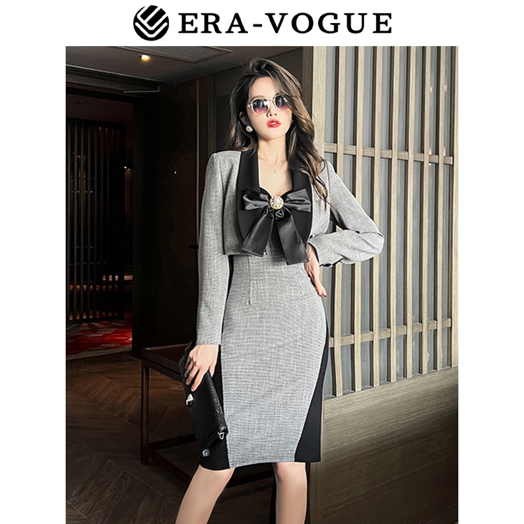 EraVogue Bộ Áo Khoác Ngắn Ôm Dáng Phối Đầm Hai Dây Đính Nơ Kiểu Pháp Thời Trang Mùa Xuân 10005