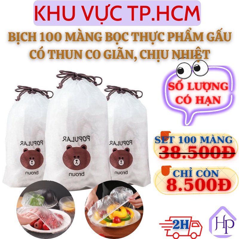 Bịch 100 màng bọc thực phẩm gấu có thun co giãn tốt, có thể tái sử dụng, an toàn cho người sử dụng, chịu nhiệt cao
