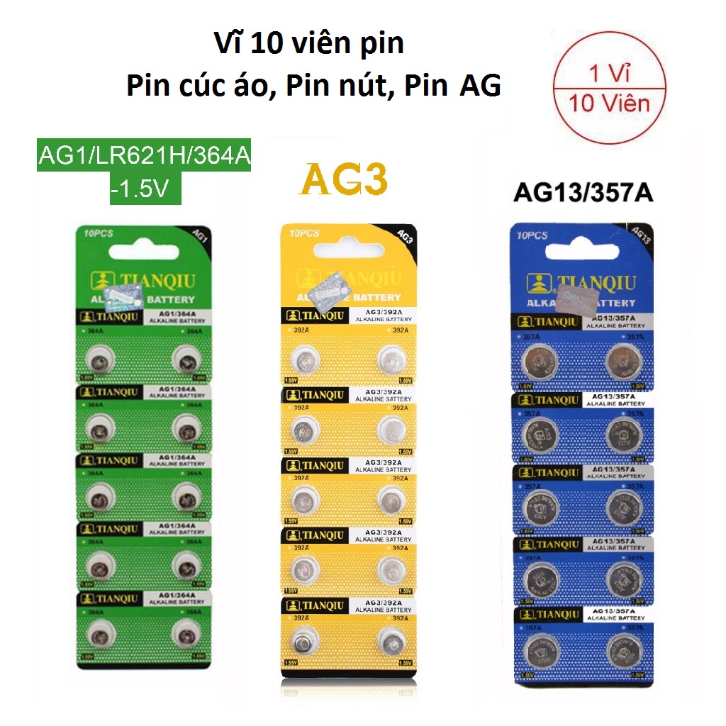 VĨ 10 VIÊN Pin kiềm Tianqiu Pin cúc áo Pin khô 1.5V Đồng hồ đồ chơi điều khiển từ xa Pin AG1-AG13