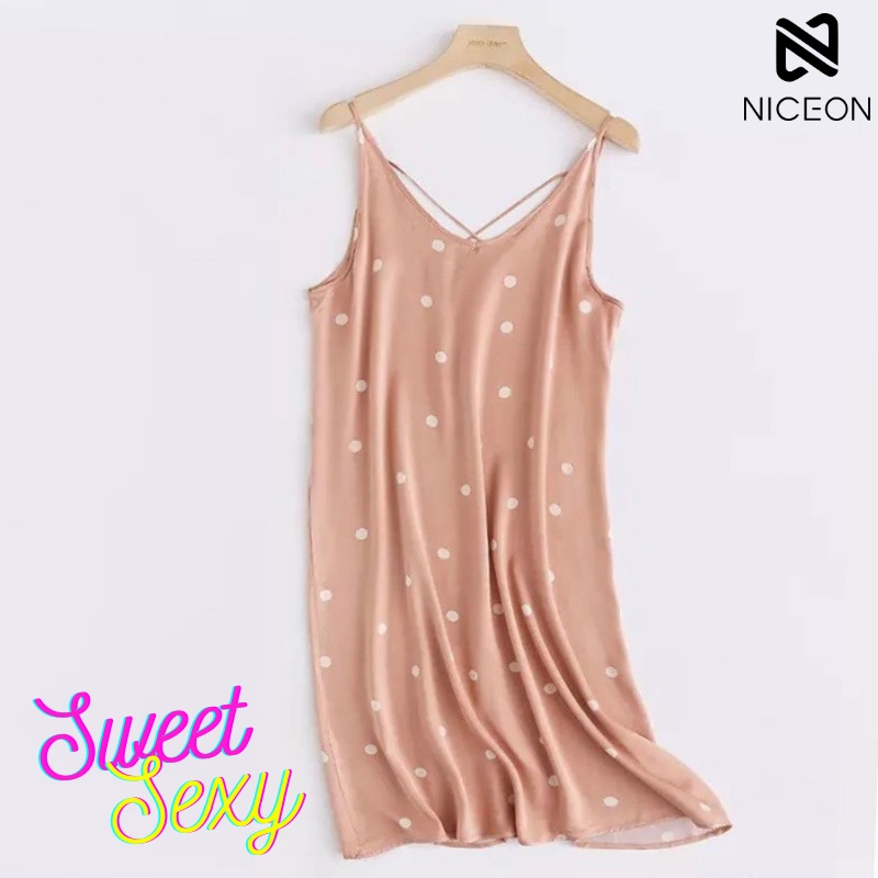 Đầm ngủ hai dây nữ NICEON visco màu hồng hoạ tiết chấm bi (MN)