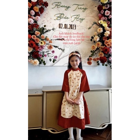 Áo dài cách tân cho bé trai và bé gái màu cam pha màu be và họa tiết hoa lá cực sang choảnh