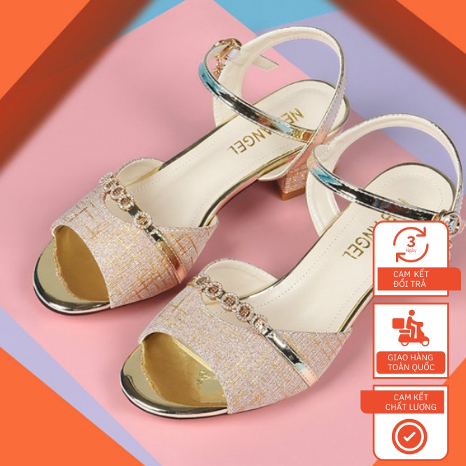Giày Sandal Kim Sa Hở Hậu Đính Hạt Gót 3 Phân