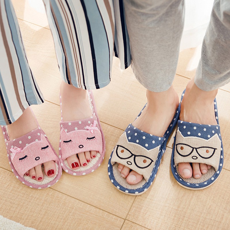 (SG) Dép Vải Đi Trong Nhà Văn Phòng Hình Mèo Chấm Bi Đáng Yêu Chống Trơn Trượt Giữ Ấm Mềm Mại, Độ Bền Cao