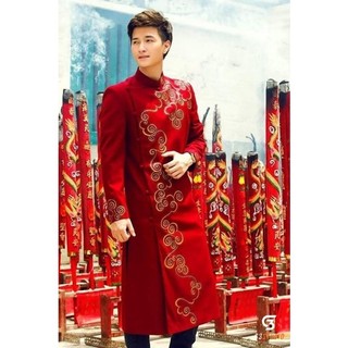 ADN1250 Áo Dài Cách Tân NAM MÀU ĐỎ VẼ HỌA TIẾT