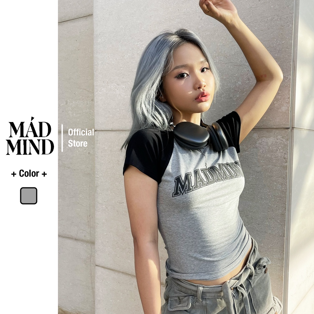 MADMIND | Form Body | Raglan Logo - Áo Thun Ôm Tay Ngắn, Premium Cotton Màu Xám Phối