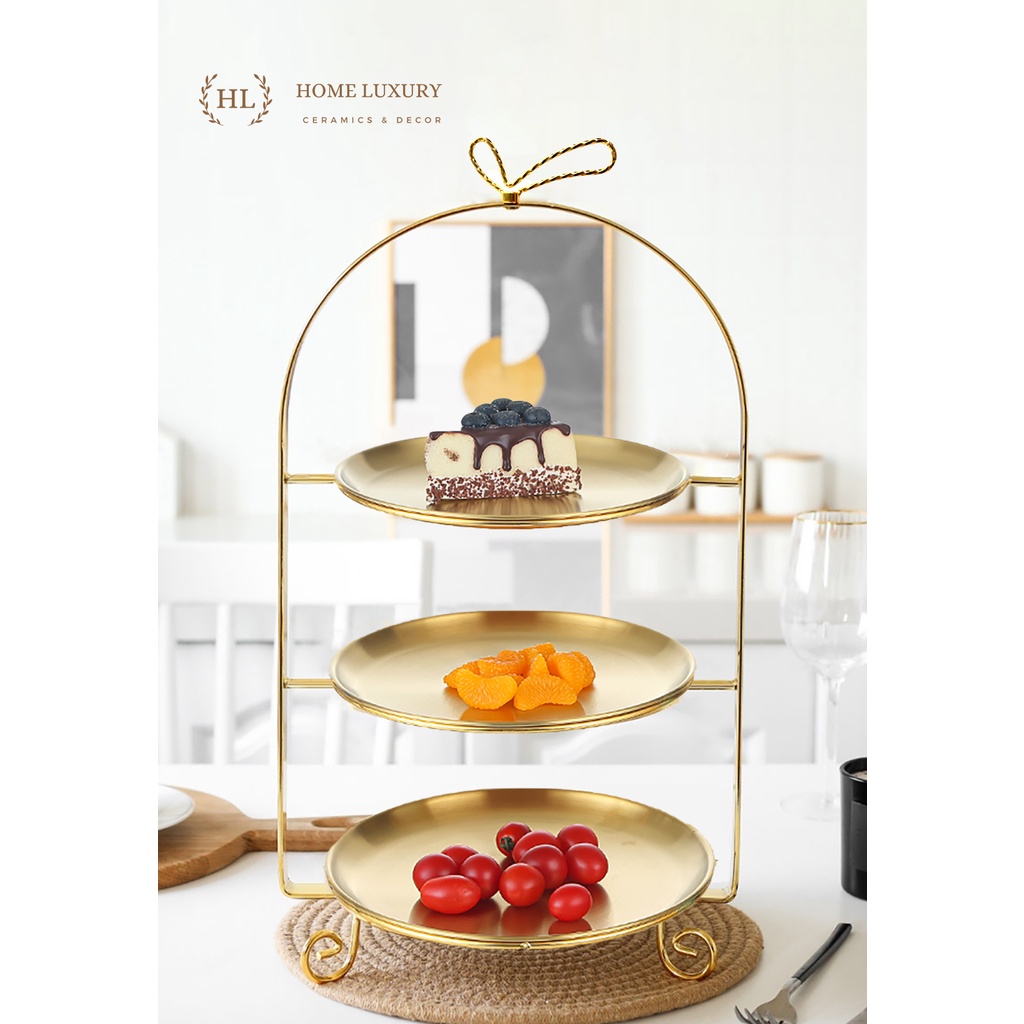 Kệ 2 Tầng - 3 Tầng đựng bánh sinh nhật - bánh cupcake - hoa quả - phụ kiện tiệc cưới khung mạ vàng đính nơ cao cấp