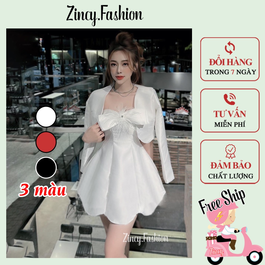 Set đầm nữ kèm khoác, váy dự tiệc xòe nơ ngực có mút phối áo khoác sang trọng Zincy DKHNO003