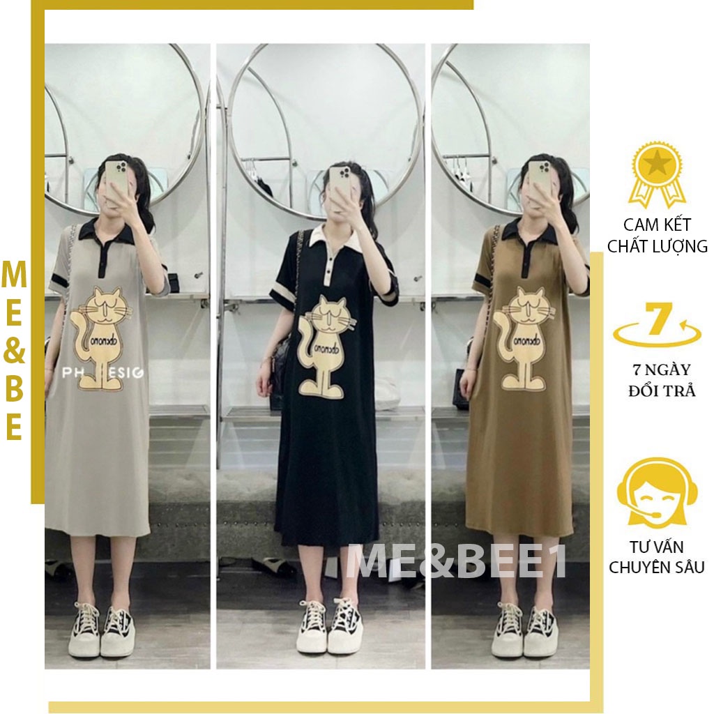 VÁY BẦU POLO DÁNG SUÔNG IN HÌNH MÈO DỄ THƯƠNG - ĐẦM BẦU MÙA HÈ CHẤT MÁT MẶC THOẢI MÁI