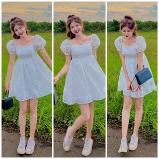 Đầm babydoll tay phồng hoạ tiết hoa nỗi, đầm nhún chun lưng kèm lót trong HEF13