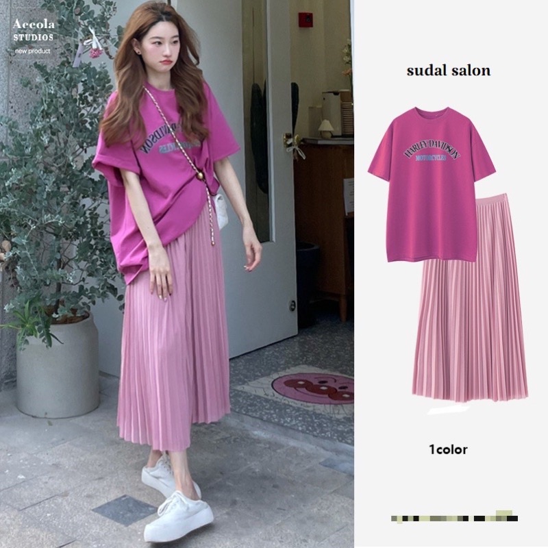 (ORDER) Chân váy MORAN màu hồng tím xòe dài xếp ly vintage Hàn Quốc + áo thun cộc tay màu hồng
