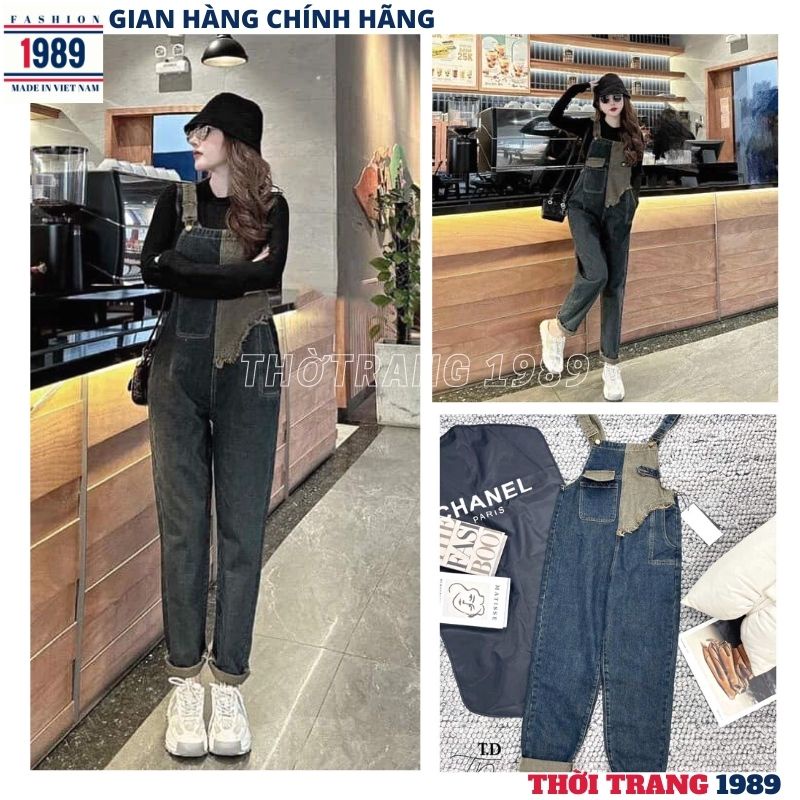 Quần yếm Jean ống bo dáng dài, quần yếm phối màu độc lạ style hàn quốc có bigsize
