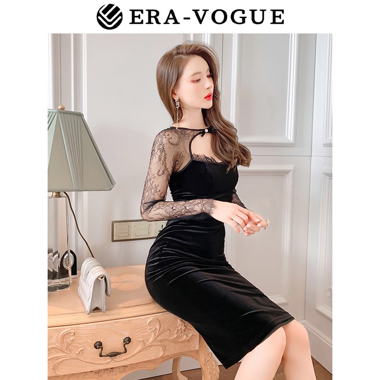 Eravogue🌷 Đầm Nhung Tay Dài Phối Ren Thời Trang Mùa Hè Hàn Quốc 9387