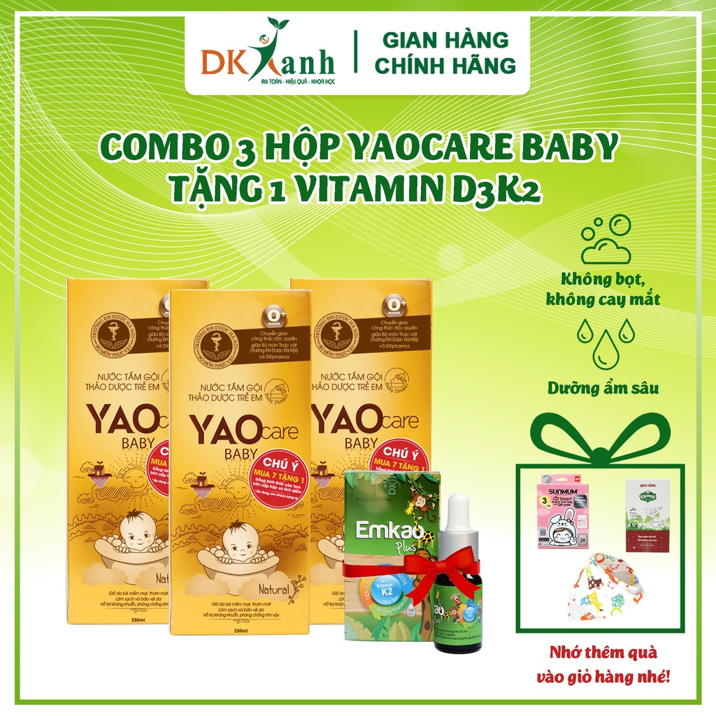 Combo 3 chai Nước tắm thảo dược Yaocare baby (250ml/chai) tặng 1 Emkao plus