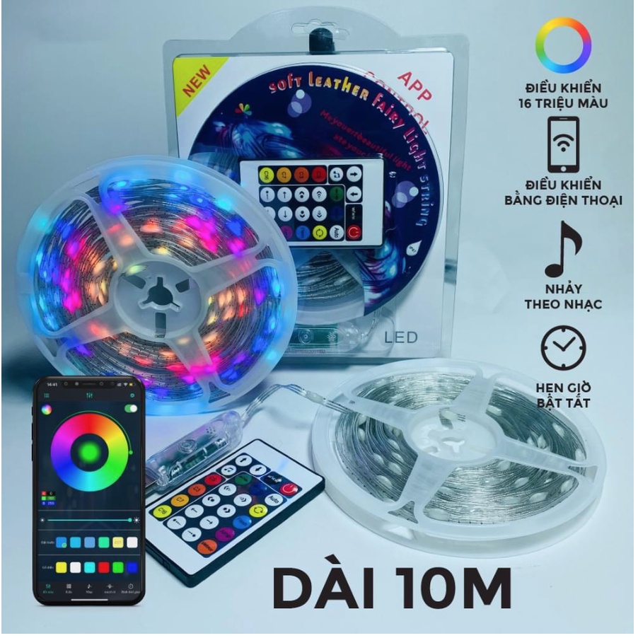 (2023) Cuộn nháy Led đuổi 10M Dây đèn RGB 5V nháy theo nhạc, chống nước chỉnh app điện thoại + điều Khiển