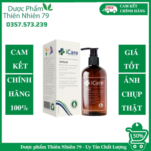 Dầu Gội iCare Pharma Antisol dược liệu pH 6.5 làm sạch gàu, giảm ngứa và bết tóc 240ml - Hàng Chính Hãng