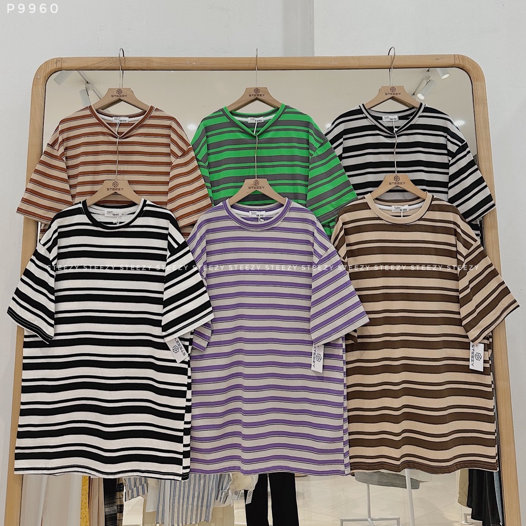 [P9960] Áo phông cotton dày kẻ ngang to nhỏ (Có sẵn/ảnh thật)