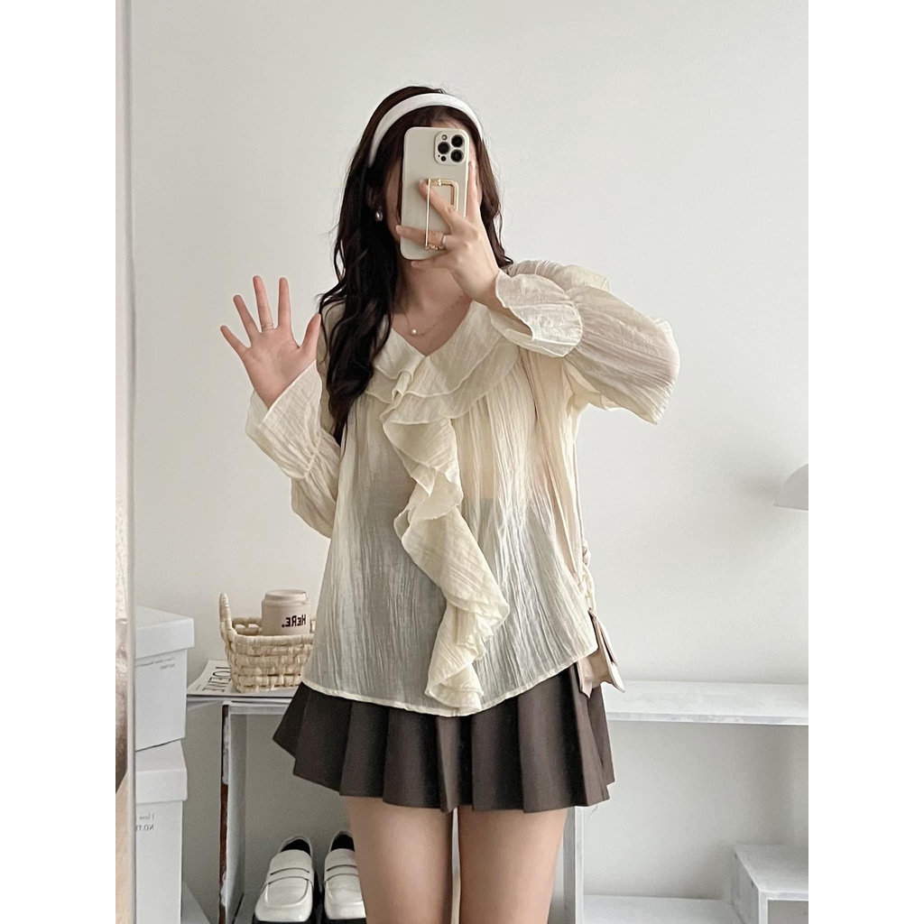 [Ảnh thật/Sẵn] Áo babydoll voan xanh cổ bèo dọc mềm mịn ulzzang