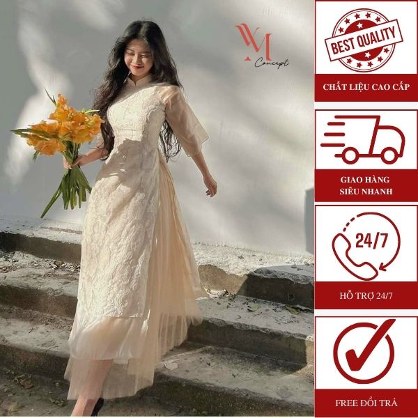 YM Concept Set Áo Dài Hoa Nổi Phối Tay Voan + Chân Váy xếp Ly - D0649