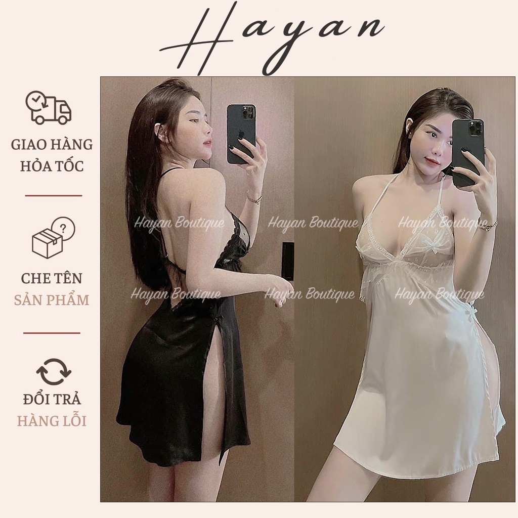 HT172 Váy ngủ sexy phối ren ngực xuyên thấu tặng CHÍP, đồ ngủ lụa xẻ hông gợi cảm HT172