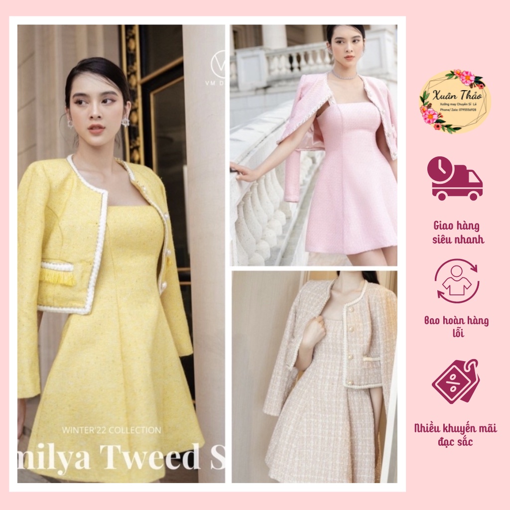 Set Váy Dạ Tweed Nữ 2 Dây Xòe Kèm Áo Khoác Thiết Kế Dự Tiệc,Set Đầm Dạ Tweed Tiểu Thư Sang Chảnh ,Mã Số A211