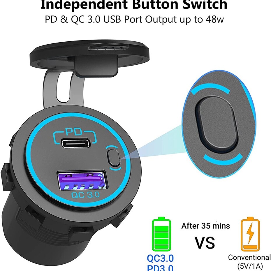 Ổ Cắm Sạc Nhanh Với 1 Cổng USB QC3.0 Và 1 Cổng PD Type C Kèm Công Tắc Bật Tắt Tiện Lợi Chuyên Dụng Cho Ô Tô