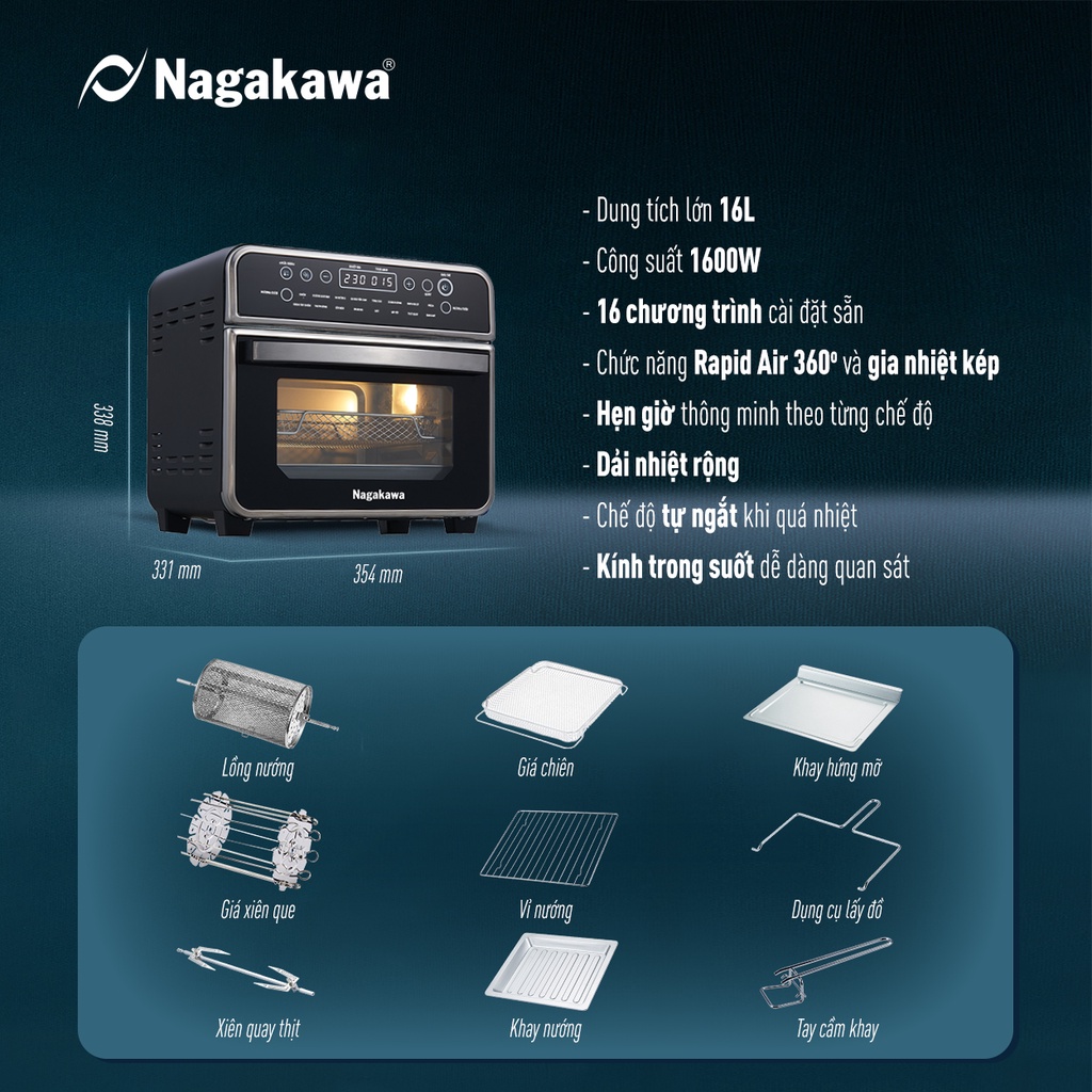 Lò Chiên Không Dầu Nagakawa NAG3308,Dung Tích 16L, Công Suất 1600W, Bảo Hành Chính Hãng 12 Tháng