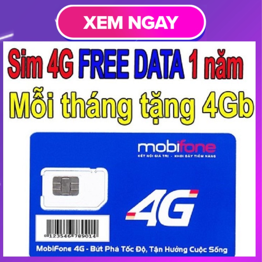 Sim 4G Mobi 1 Năm Có 4Gb/tháng sử dụng không giới hạn lưu lượng - Trọn gói 1 năm không nạp tiền