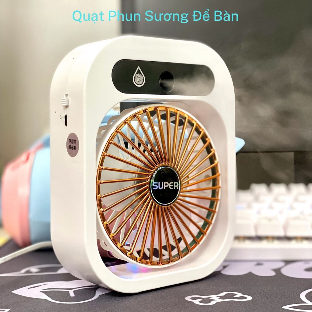 Quạt Phun Sương Để Bàn - Quạt Mini Tích Điện 3 Tốc Độ Gió, Xoay 180 Độ, Pin 2000mAh Dùng Liên Tục 2-4 Tiếng