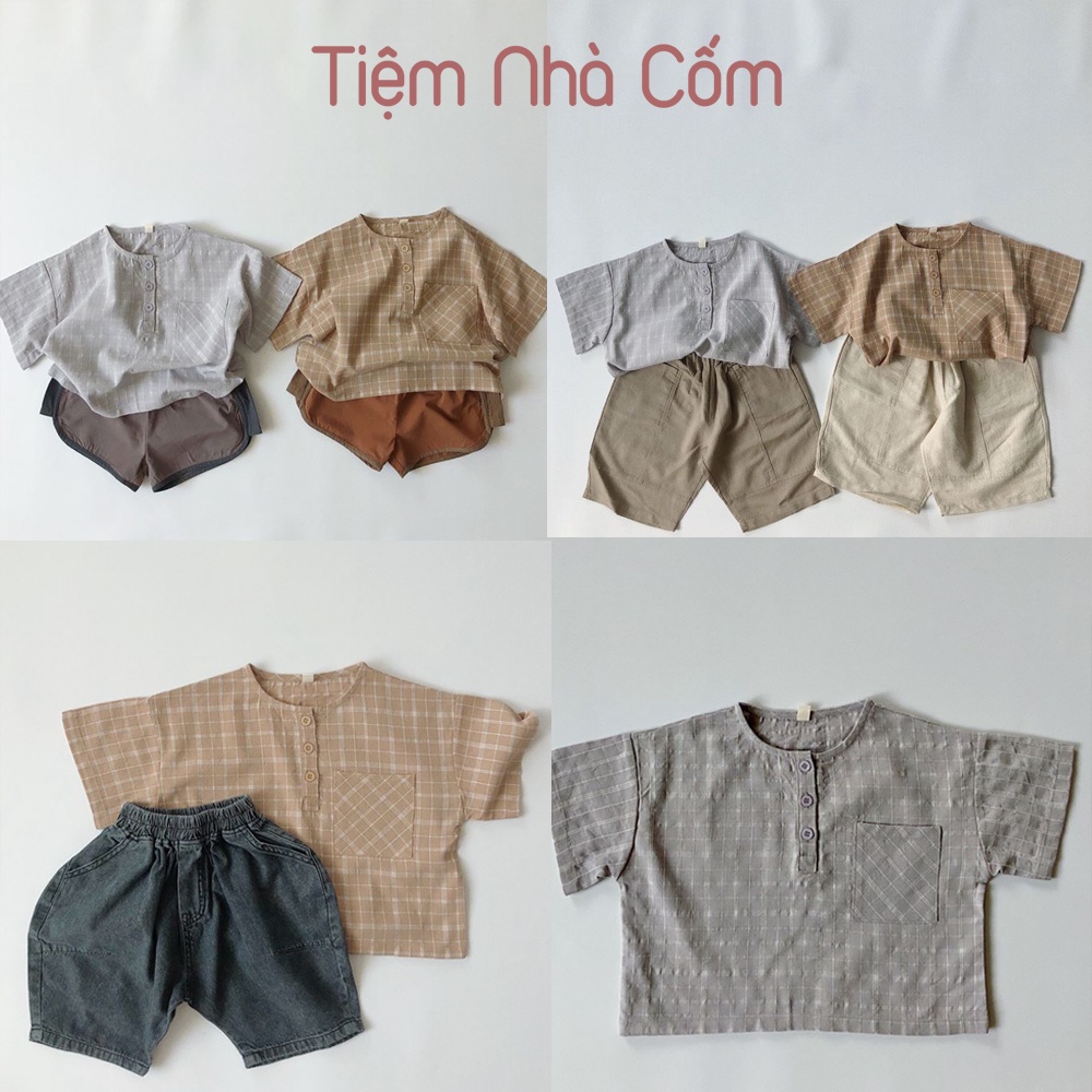 Áo sơ mi cộc tay cổ tàu kẻ ô phông cách Hàn Quốc cho bé trai, bé gái