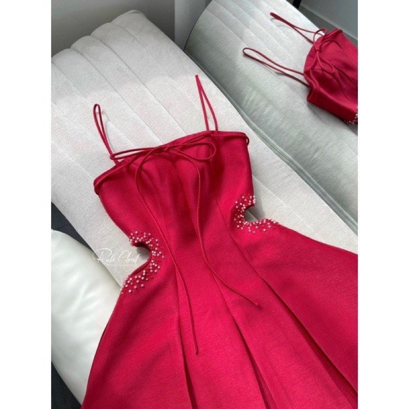 Đầm 2 dây tapta khoét eo đính đá siêu nữ tính, tùng xếp ly tôn dáng