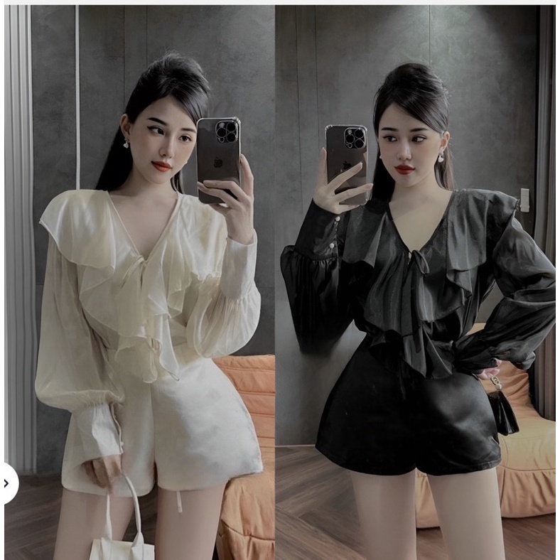 Set Bộ Áo Sơ Mi Tơ Rũ Bèo Kèm Quần Short Tapta Hình thật Cuối