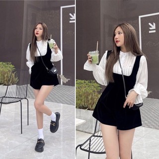 Set yếm QUẦN NHUNG xinh xắn phối áo sơ mi dài tay viền bèo siêu xinh